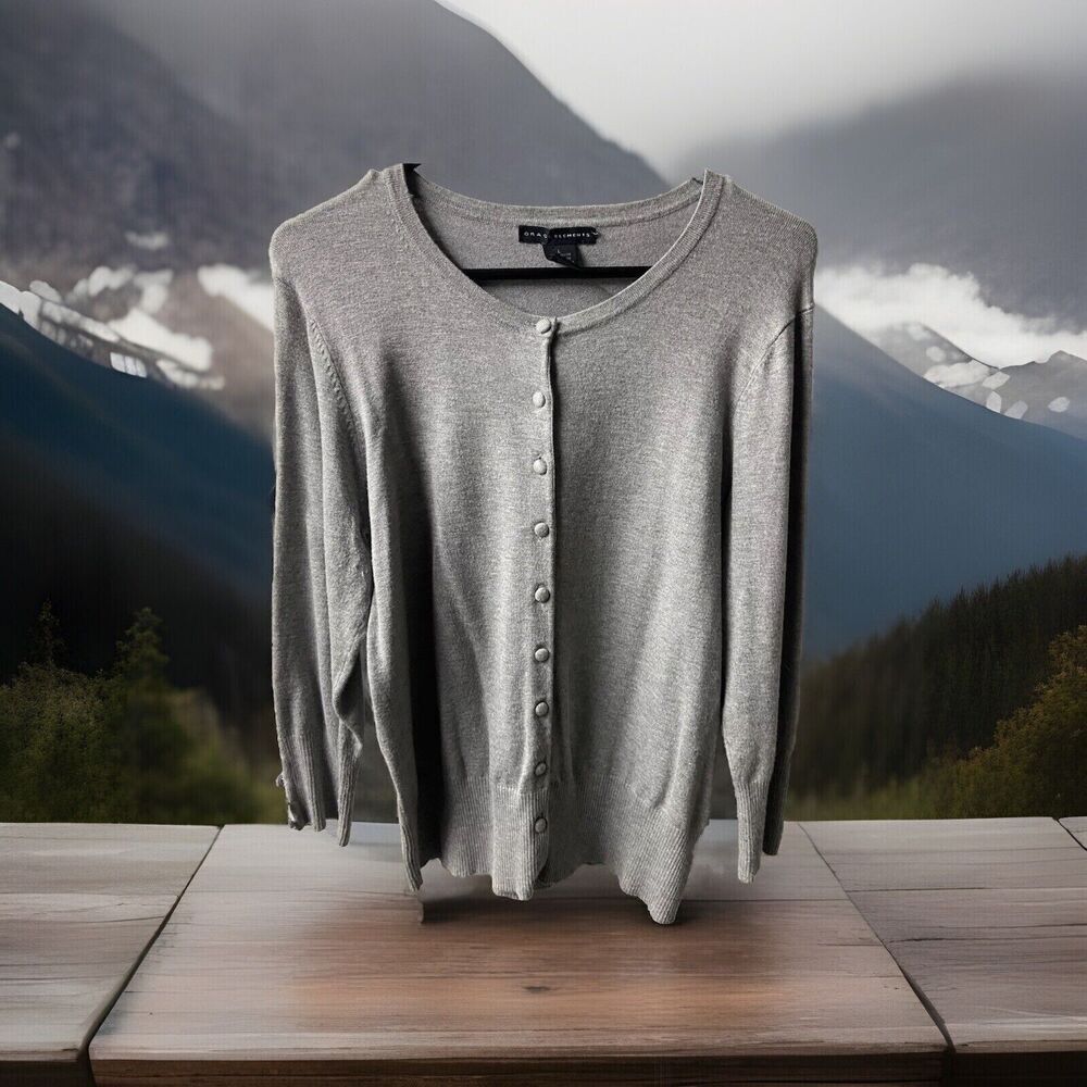 Grace Elements Sweater Womens Size L Gray Tight Knit Grannycore Cardigan Classic